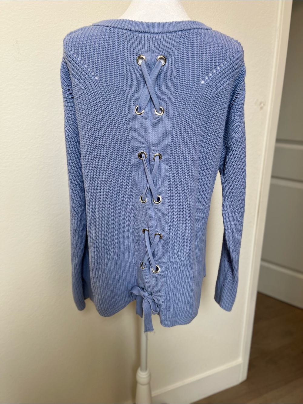 Alya Soft V-Neck Knit Cotton BlendSweater in Dusty Blue W Cross Ties In Back